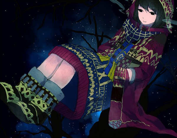 Anime picture 900x707 with original yamato (aoiaoiao921) single short hair black hair sitting looking away full body light smile black eyes night night sky hands in pockets girl boots scarf star (stars) cap