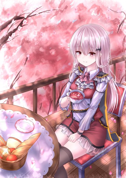 Anime picture 2480x3508 with original hamu (pixiv46045709) single long hair tall image looking at viewer blush fringe highres hair between eyes red eyes sitting holding pink hair outdoors braid (braids) light smile zettai ryouiki cherry blossoms side braid
