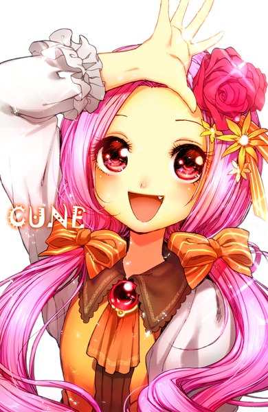 Anime picture 675x1038 with original wadani hitonori single long hair tall image blush open mouth simple background white background twintails pink hair pink eyes arm up hair flower inscription fang (fangs) low twintails girl flower (flowers) bow