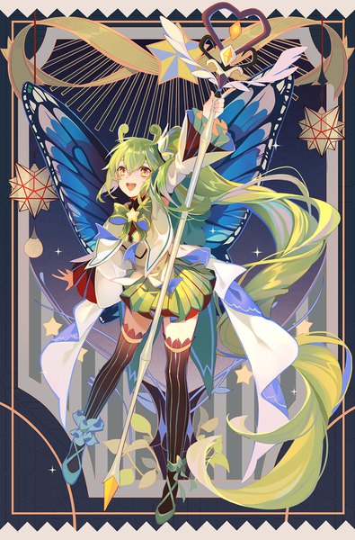 Anime picture 1000x1518 with original machi (7769) single tall image fringe open mouth hair between eyes yellow eyes full body very long hair side ponytail looking up insect wings butterfly wings girl thighhighs wings star (symbol) striped thighhighs staff