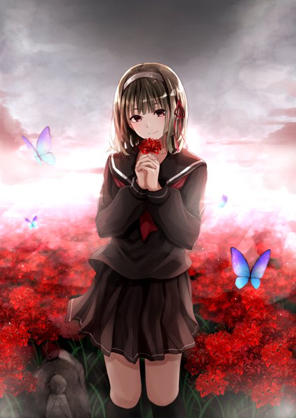 Anime picture 4299x6071 with original fuu (fuore) single tall image looking at viewer blush fringe highres short hair smile red eyes brown hair standing holding absurdres outdoors blunt bangs head tilt pleated skirt arms up