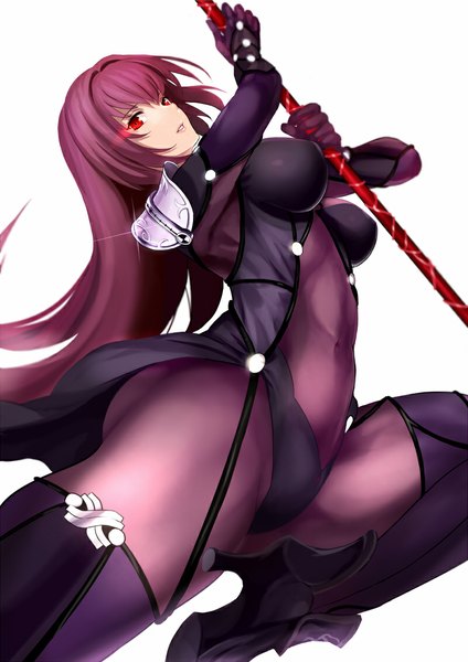 Anime picture 800x1131 with fate (series) fate/grand order type-moon scathach (fate) (all) scathach (fate) jilllxlxl single long hair tall image breasts light erotic simple background red eyes white background purple hair girl weapon spear