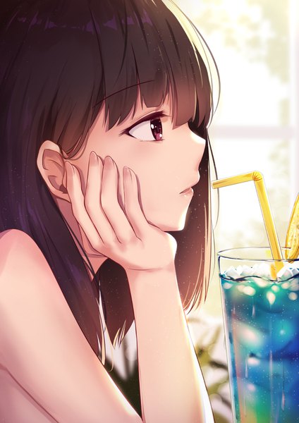 Anime picture 744x1052 with original yan (nicknikg) single long hair tall image blush fringe open mouth hair between eyes red eyes brown hair looking away parted lips profile fingernails lips blurry depth of field backlighting hand on cheek