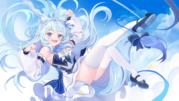 Anime picture 4000x2251 with virtual youtuber tagme (character) posom single looking at viewer blush highres open mouth blue eyes light erotic smile wide image animal ears absurdres sky cloud (clouds) full body ahoge bent knee (knees) ass