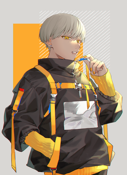 Anime picture 1092x1500 with original uminonew single tall image short hair standing yellow eyes upper body nail polish grey hair piercing looking down ear piercing hand in pocket fashion lip piercing yellow nail polish boy