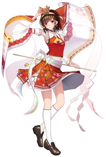 Anime picture 2128x3155 with touhou hakurei reimu crazycola single tall image blush fringe highres short hair breasts smile brown hair white background brown eyes bent knee (knees) traditional clothes japanese clothes wide sleeves arms up armpit (armpits)
