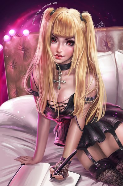 Anime picture 600x902 with death note madhouse amane misa toshia-san single long hair tall image looking at viewer blush fringe breasts light erotic blonde hair red eyes large breasts sitting bare shoulders holding signed payot