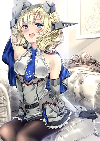 Anime picture 1276x1789 with kantai collection colorado battleship kobayashi chisato single tall image looking at viewer blush short hair open mouth blue eyes blonde hair sitting indoors braid (braids) :d arm up arm behind head underbust girl gloves
