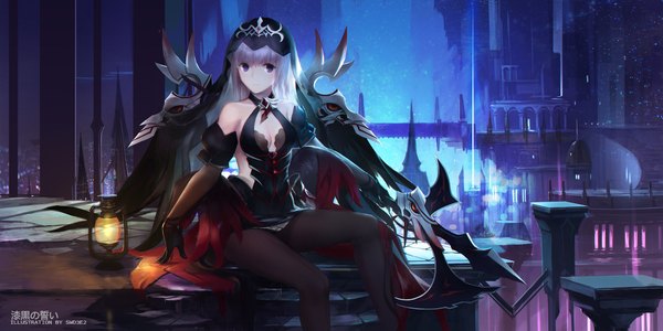 Anime picture 2126x1063 with elsword aisha landar swd3e2 single long hair looking at viewer highres wide image sitting purple hair white hair girl dress gloves weapon pantyhose black gloves