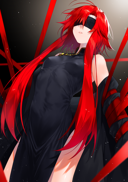 Anime picture 900x1273 with original waka (shark waka) single long hair tall image fringe breasts open mouth light erotic simple background hair between eyes standing bare shoulders ahoge red hair from below dutch angle dark background blindfold ribbon bondage