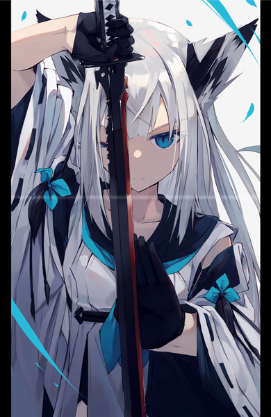 Anime picture 700x1077 with azur lane kawakaze (azur lane) nagishiro mito single long hair tall image looking at viewer fringe blue eyes simple background animal ears payot silver hair upper body one eye closed arm up light smile wide sleeves fox ears fox girl