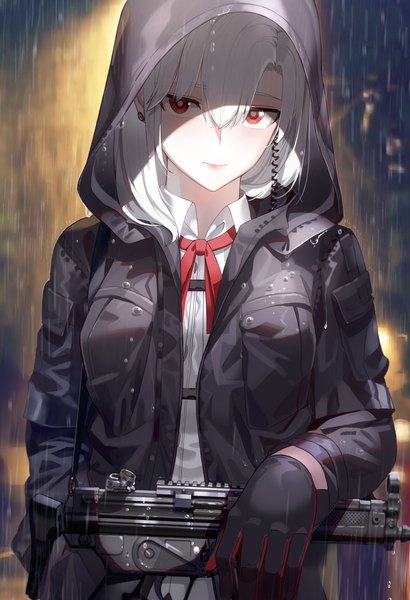 Anime picture 2400x3508 with original kfr single tall image looking at viewer blush fringe highres short hair breasts hair between eyes red eyes holding upper body white hair head tilt open jacket wet shaded face rain