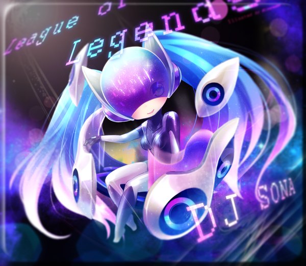 Anime picture 800x695 with league of legends sona buvelle mizoreame (artist) single long hair looking at viewer breasts smile twintails blue hair purple hair multicolored hair lips text gradient hair chibi girl bodysuit helmet