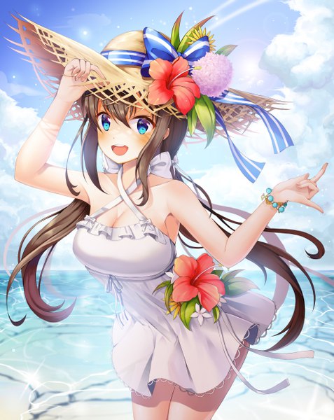 Anime picture 3935x4950 with original kotomaru (sirouko9511) single long hair tall image looking at viewer blush fringe highres breasts open mouth blue eyes hair between eyes brown hair large breasts standing twintails bare shoulders payot absurdres