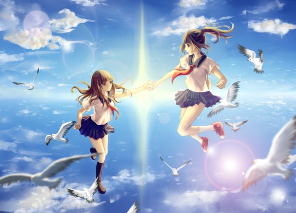 Anime picture 2000x1441 with original clouble long hair fringe highres open mouth brown hair brown eyes sky cloud (clouds) ponytail pleated skirt sunlight holding hands flying sunbeam skirt uniform school uniform animal