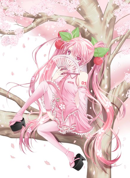 Anime picture 1200x1644 with vocaloid hatsune miku sakura miku koyoi (ruka) single long hair tall image twintails bare shoulders pink hair very long hair pink eyes cherry blossoms girl thighhighs skirt plant (plants) detached sleeves petals tree (trees)