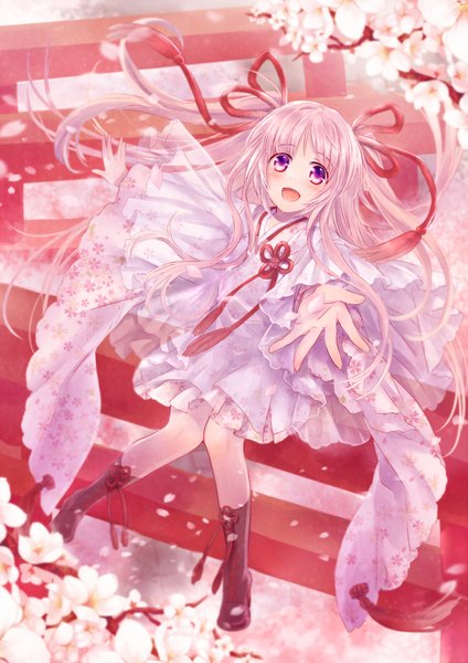 Anime picture 1500x2121 with original neme single long hair tall image looking at viewer blush open mouth purple eyes pink hair cherry blossoms girl dress ribbon (ribbons) hair ribbon petals boots torii