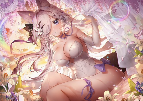 Anime picture 2500x1768 with red: pride of eden sherry (pride of eden) apple caramel single long hair looking at viewer blush fringe highres breasts light erotic large breasts sitting purple eyes bare shoulders cleavage silver hair bent knee (knees) light smile hair over one eye