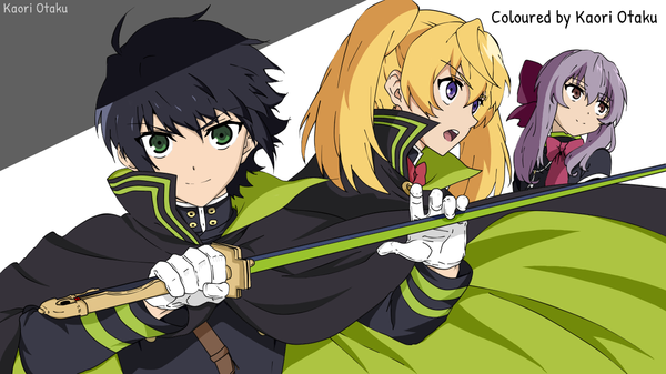 Anime picture 1366x768 with owari no seraph wit studio hiiragi shinoa hyakuya yuuichirou sanguu mitsuba looking at viewer fringe open mouth black hair blonde hair smile wide image twintails purple eyes multiple girls holding brown eyes green eyes signed looking away