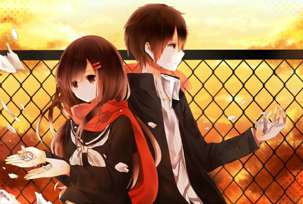 Anime picture 1048x708 with kagerou project shaft (studio) tateyama ayano kisaragi shintarou long hair short hair brown hair brown eyes sky cloud (clouds) profile wind couple tears yellow background back to back girl boy uniform hair ornament