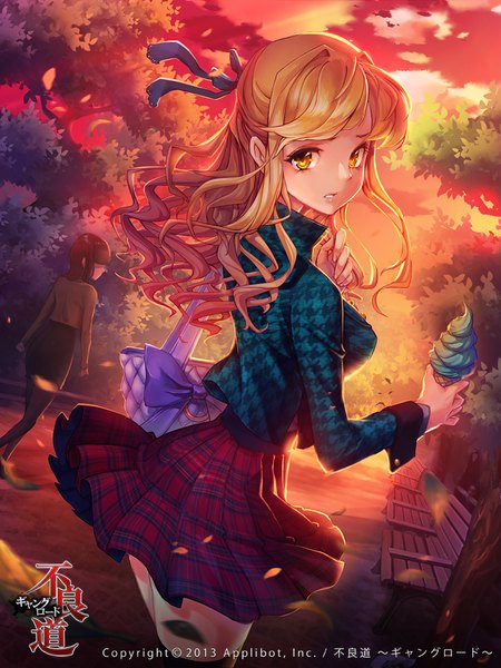 Anime picture 720x960 with furyou michi ~gang road~ wooju long hair tall image looking at viewer blonde hair holding yellow eyes sky cloud (clouds) girl dress plant (plants) tree (trees) food sweets leaf (leaves) bag ice cream