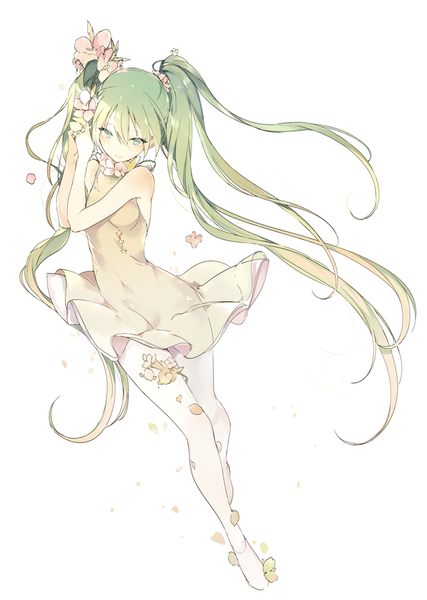 Anime picture 700x984 with vocaloid hatsune miku lpip single tall image blush fringe simple background hair between eyes white background twintails bare shoulders green eyes full body very long hair hair flower green hair girl dress flower (flowers)