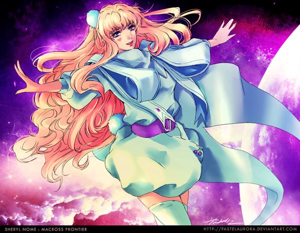 Anime picture 1000x775 with macross macross frontier sheryl nome pastelaurora single long hair looking at viewer blue eyes signed pink hair spread arms girl heart planet