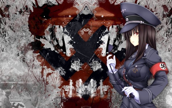 Anime picture 1440x900 with original yui.h kiwaso (artist) single long hair highres open mouth black hair red eyes wide image nazi girl gloves uniform military uniform peaked cap riding crop