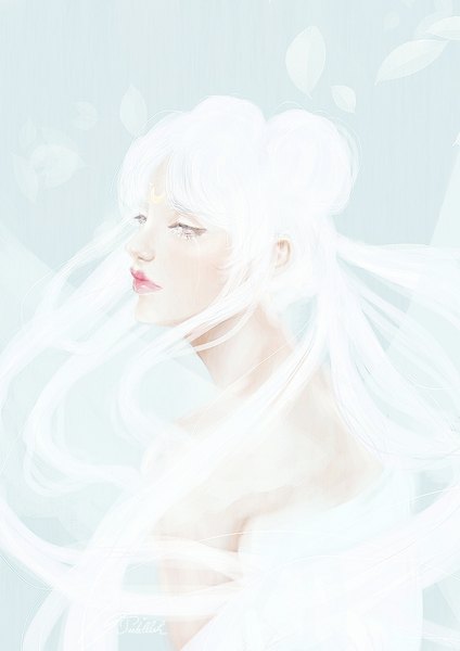 Anime picture 750x1061 with bishoujo senshi sailor moon toei animation queen serenity pastellish single long hair tall image simple background white hair looking back wind lips grey eyes hair bun (hair buns) eyeshadow girl wings