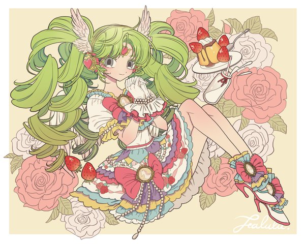 Anime picture 1200x960 with puri para pretty (series) falulu kue kue kue single long hair twintails full body bent knee (knees) green hair grey eyes high heels turning head drill hair border frilled dress head wings hands clasped interlocked fingers girl