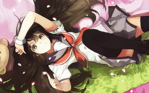 Anime picture 3035x1896 with original tagme (artist) long hair looking at viewer blush highres black hair wide image light smile scan on back grey eyes hand on head girl thighhighs skirt uniform black thighhighs plant (plants) school uniform