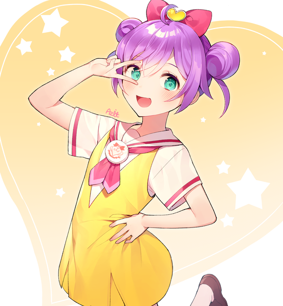 Anime picture 1928x2080 with puri para pretty (series) manaka lala azit (down) single tall image looking at viewer blush fringe highres short hair open mouth smile hair between eyes standing signed payot purple hair ahoge :d