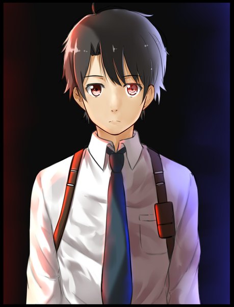 Anime picture 1000x1307 with aldnoah.zero a-1 pictures kaizuka inaho isshiki (ffmania7) single tall image looking at viewer fringe short hair black hair simple background red eyes upper body ahoge dark background boy uniform shirt necktie white shirt