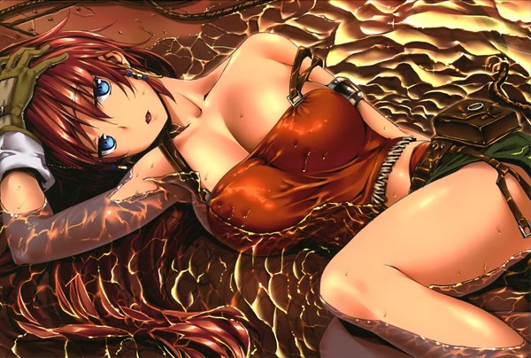 Anime picture 2336x1576 with suisei no gargantia production i.g bellows (suisei no gargantia) himura kiseki single long hair highres breasts open mouth blue eyes light erotic wide image bare shoulders cleavage red hair scan armpit (armpits) partially submerged girl gloves