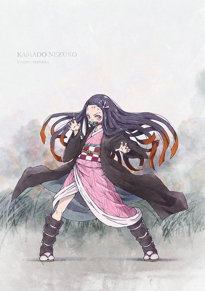 Anime picture 707x1000 with kimetsu no yaiba ufotable kamado nezuko satyuas single long hair tall image looking at viewer black hair full body traditional clothes japanese clothes pink eyes multicolored hair two-tone hair copyright name character names gradient hair fighting stance angry