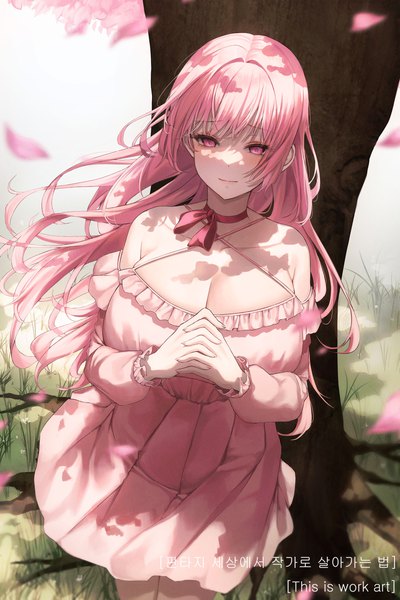 Anime picture 2000x3000 with original ame 816 single long hair tall image looking at viewer blush fringe highres breasts light erotic hair between eyes standing pink hair cleavage outdoors long sleeves pink eyes wind sunlight