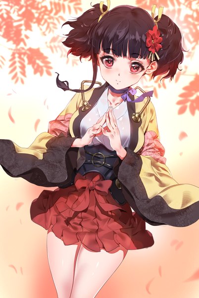 Anime picture 1500x2238 with koutetsujou no kabaneri wit studio mumei (kabaneri) yd (orange maru) single tall image blush fringe short hair breasts black hair smile red eyes twintails signed long sleeves traditional clothes japanese clothes pleated skirt hair flower