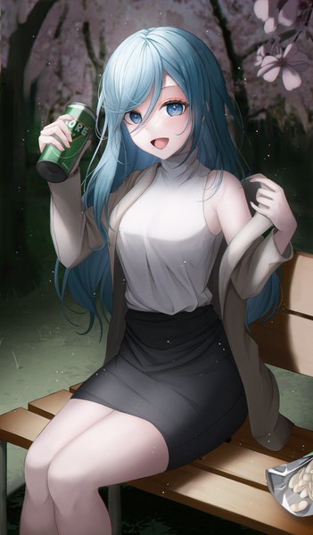 Anime picture 2930x5004 with original bsmage single long hair tall image looking at viewer blush fringe highres breasts open mouth blue eyes smile hair between eyes sitting holding blue hair :d off shoulder night