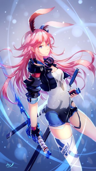 Anime picture 2160x3840 with benghuai xueyuan benghuai xueyuan 2 honkai (series) yae sakura luo qingyu single long hair tall image looking at viewer fringe highres blue eyes simple background hair between eyes standing holding signed animal ears pink hair bunny ears