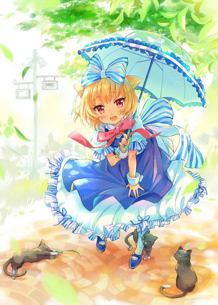 Anime picture 648x906 with original sakuro single tall image looking at viewer blush short hair open mouth blonde hair red eyes animal ears full body outdoors cat ears leaning leaning forward girl bow hair bow animal