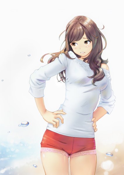 Anime picture 859x1214 with original carina (xiaowoo) single long hair tall image blush open mouth brown hair bare shoulders brown eyes looking away teeth beach hands on hips girl shorts sea short shorts sweater