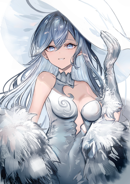 Anime picture 2894x4093 with original nanaponi single long hair tall image looking at viewer fringe highres breasts blue eyes simple background smile hair between eyes silver hair upper body parted lips arm up fur trim covered navel adjusting hat