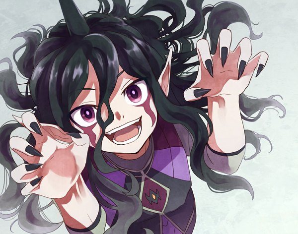 Anime picture 1157x911 with inazuma eleven inazuma eleven go inazuma eleven go galaxy gandaresu baran pimgier single long hair looking at viewer open mouth black hair simple background purple eyes nail polish from above pointy ears grey background facial mark black nail polish boy claws