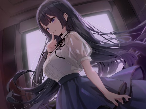 Anime picture 5500x4125 with original sakuma shiki single long hair fringe highres blue eyes black hair smile standing looking away absurdres indoors parted lips puffy sleeves floating hair finger to mouth dust girl skirt