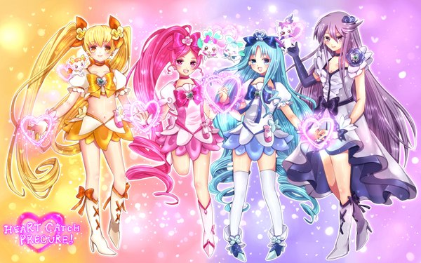 Anime picture 2000x1250 with precure heartcatch precure! toei animation kurumi erika myoudouin itsuki hanasaki tsubomi tsukikage yuri cure blossom cologne (heartcatch precure!) long hair blush highres open mouth blue eyes blonde hair wide image purple eyes twintails multiple girls yellow eyes