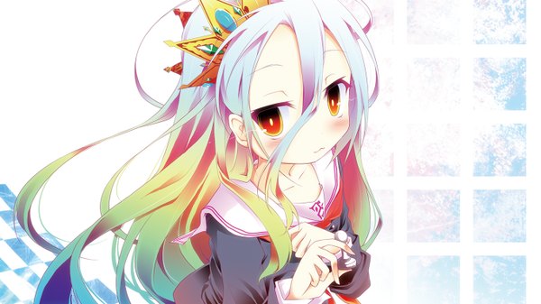 Anime picture 1364x768 with no game no life madhouse shiro (no game no life) hinata ichi single long hair looking at viewer blush hair between eyes wide image holding multicolored hair orange eyes girl crown