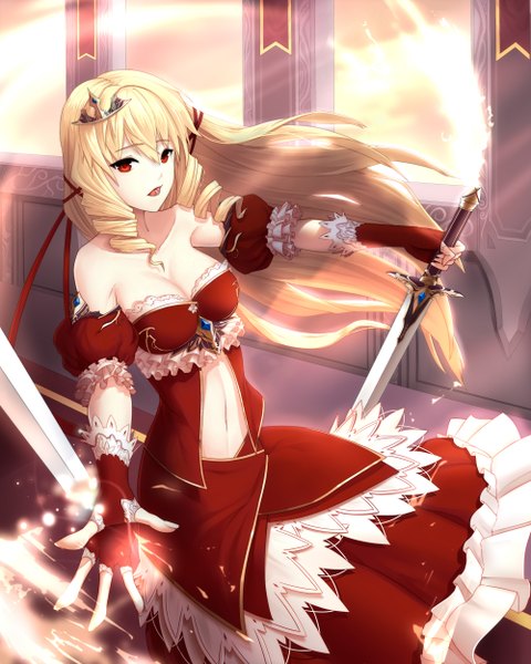 Anime picture 1000x1250 with original ddddddd single long hair tall image open mouth blonde hair red eyes bare shoulders drill hair girl dress gloves weapon sword fingerless gloves crown