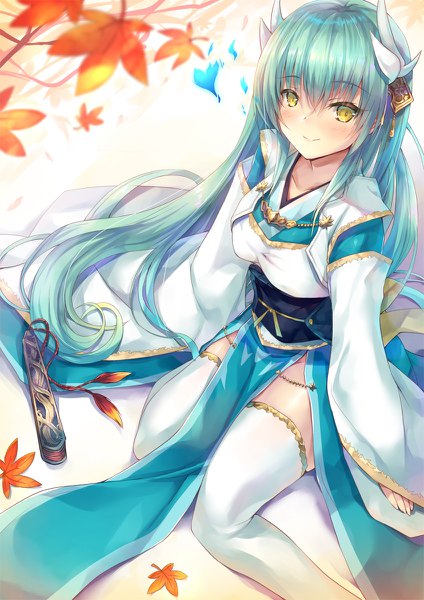 Anime picture 848x1200 with fate (series) fate/grand order kiyohime (fate) inoue takuya (tactactak) single tall image looking at viewer blush fringe smile hair between eyes sitting yellow eyes bent knee (knees) very long hair traditional clothes japanese clothes horn (horns) aqua hair wide sleeves