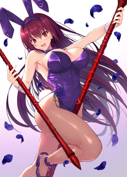 Anime picture 4302x6000 with fate (series) fate/grand order scathach (fate) (all) scathach (fate) scathach (piercing bunny) (fate) emanon123 single long hair tall image looking at viewer fringe highres breasts open mouth light erotic simple background smile hair between eyes red eyes large breasts