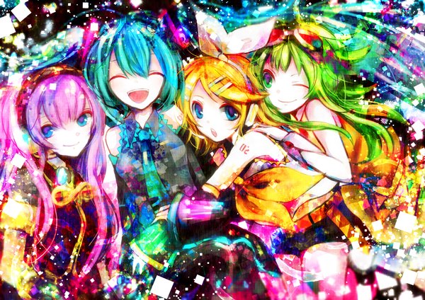 Anime picture 1920x1358 with vocaloid hatsune miku megurine luka kagamine rin gumi sazanami shione long hair highres short hair open mouth blue eyes blonde hair smile twintails multiple girls green eyes pink hair eyes closed one eye closed green hair